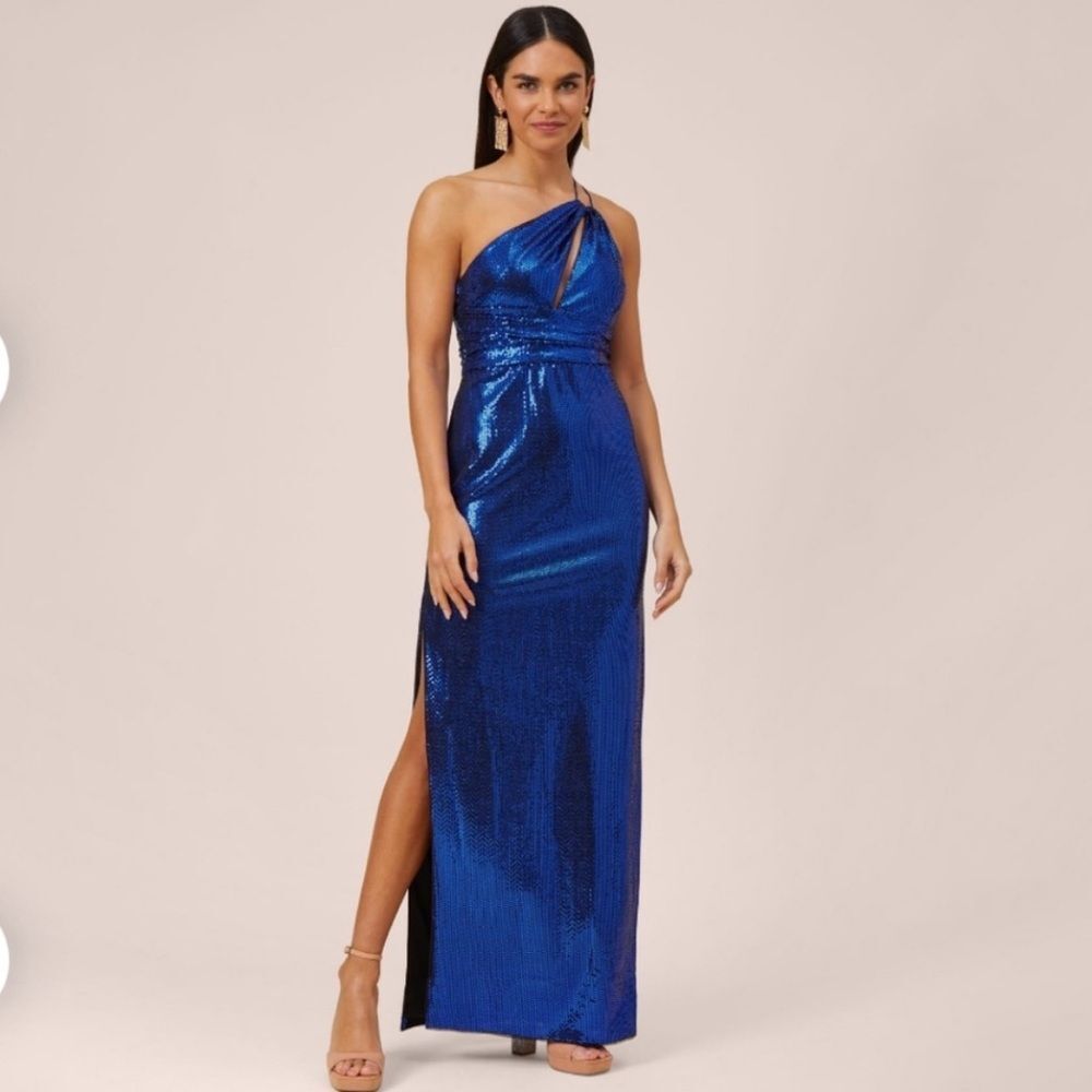 Aiden Mattox Asymmetric Metallic Sequins Knit One Shoulder Gown Blue Size 4